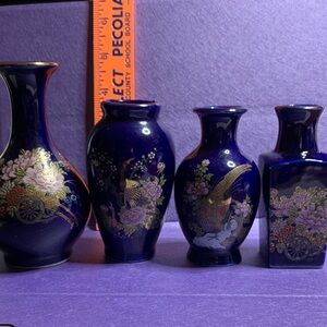 Set of 4 Cobalt Blue Floral & Gold Accent Vases
